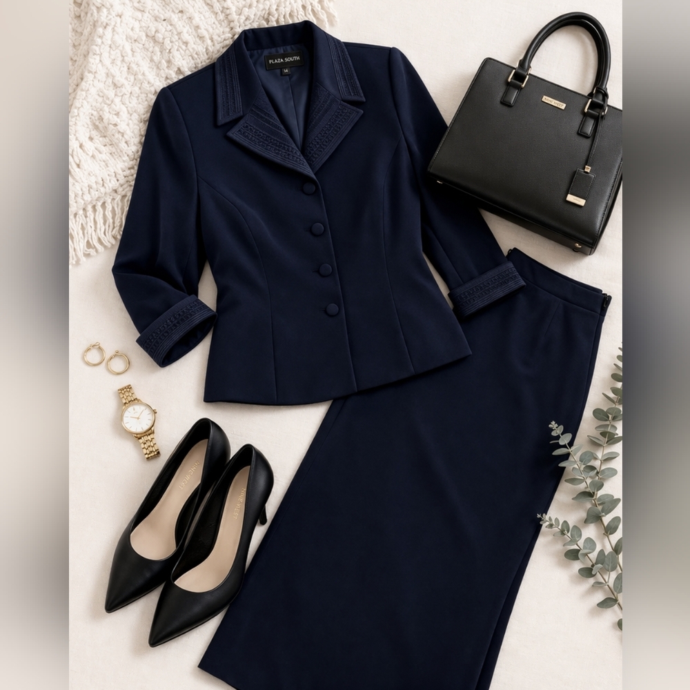 Navy Blue Skirt Suit Set Size 14/L Career 2-Piece 3/4 Sleeve Office Formal NWT